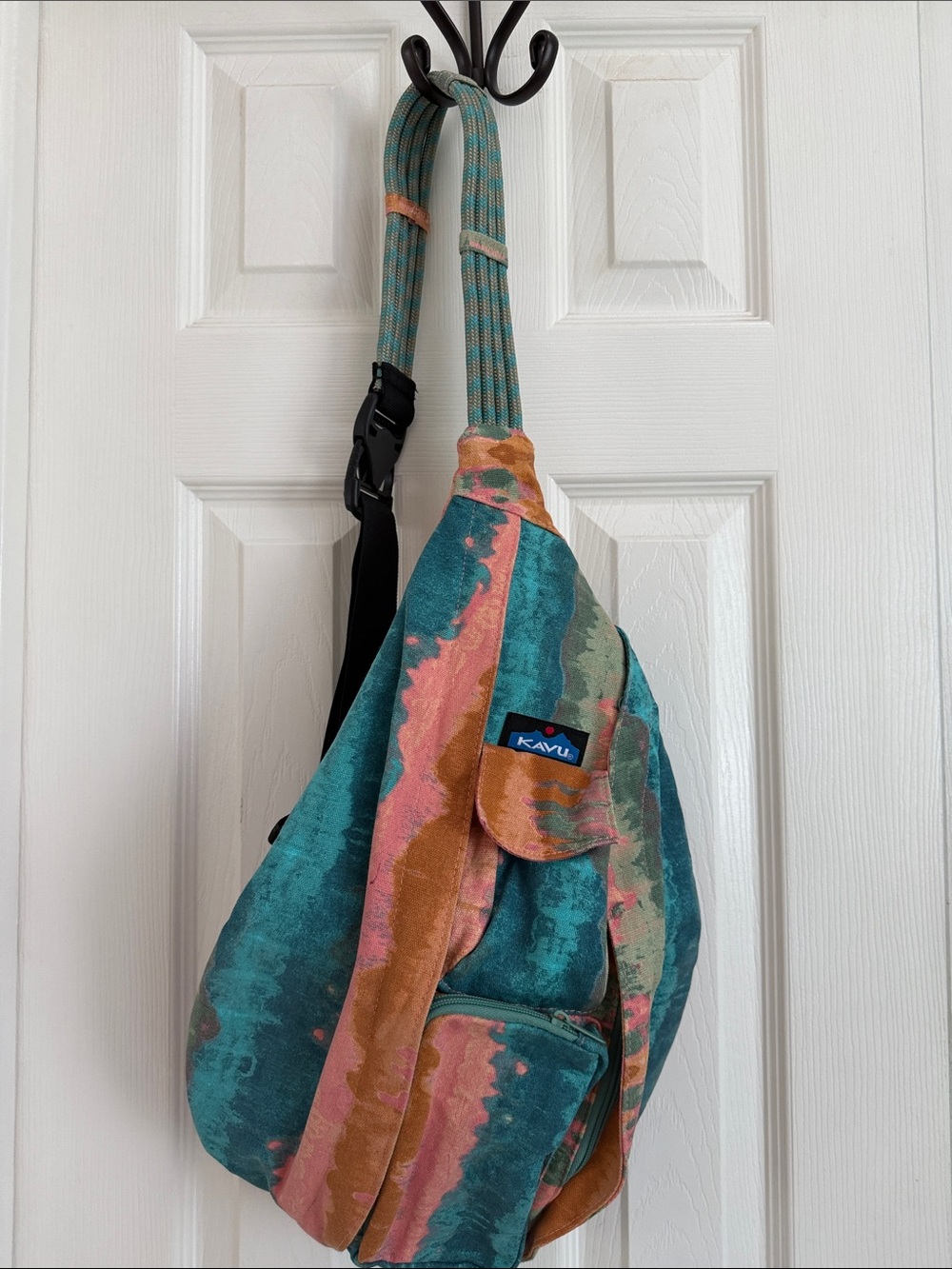 Kavu Teal Pink Brown Patterned Crossbody Sling Bag